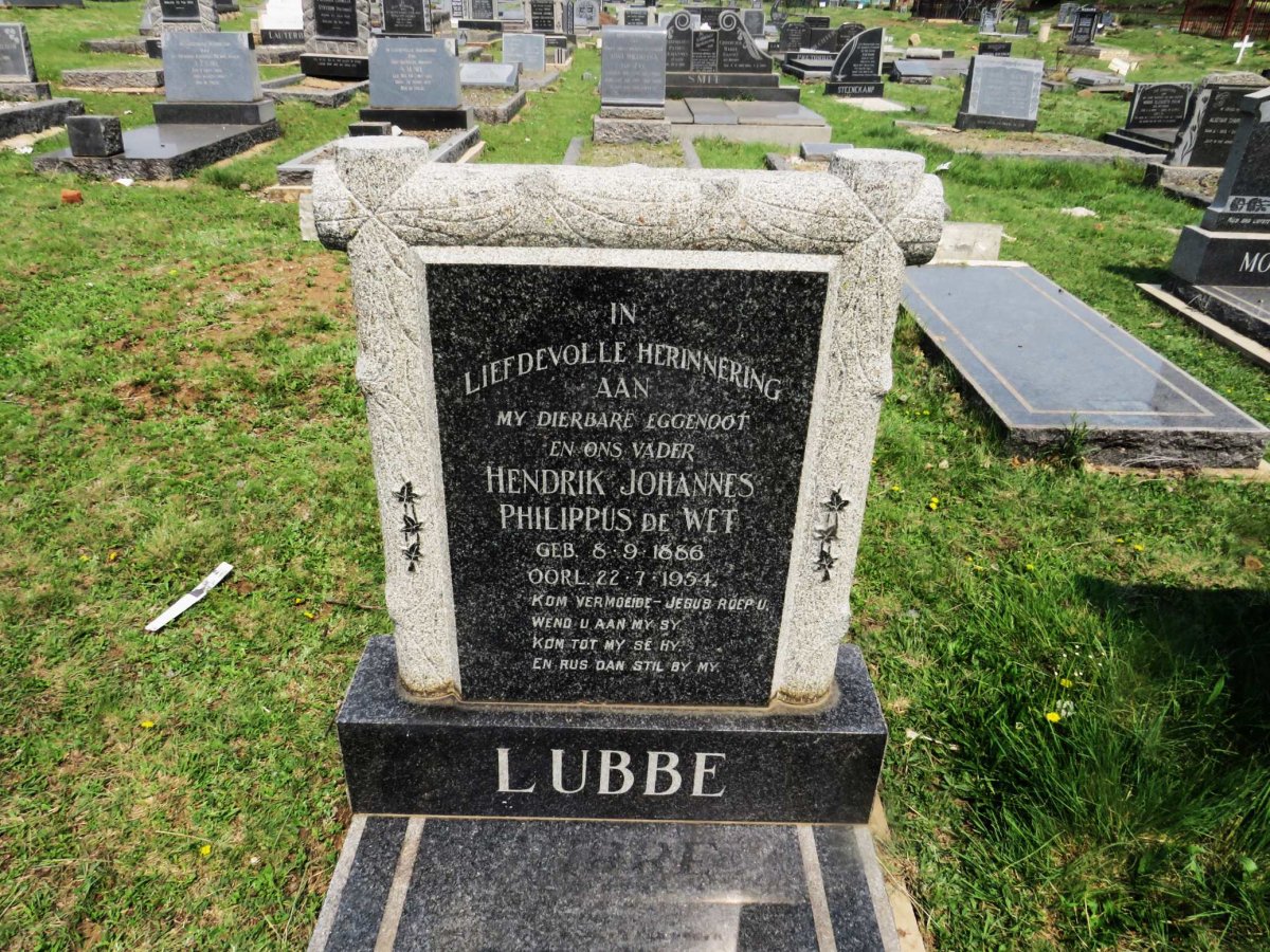 LUBBE Hendrik Johannes Philippus de Wet 1886-1954