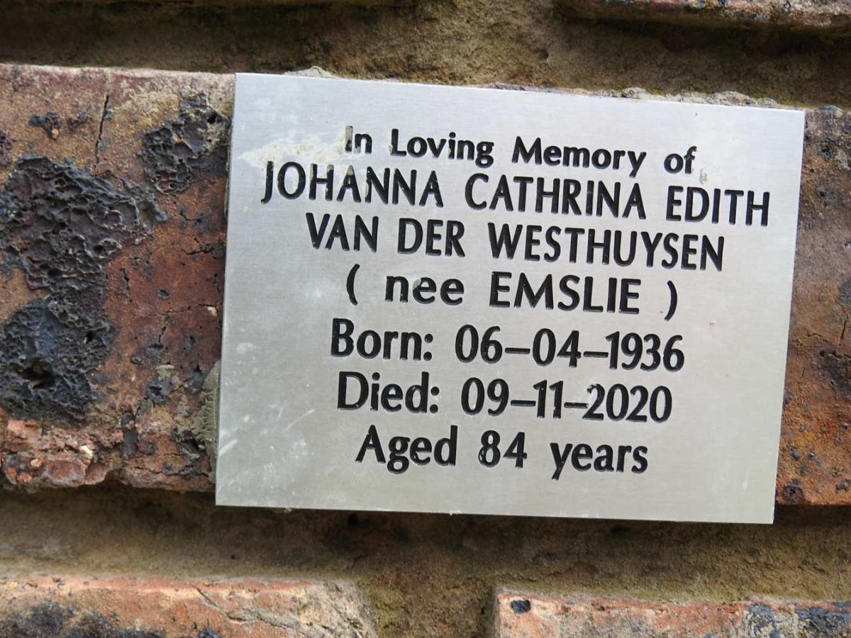 WESTHUYSEN Johanna Cathrina Edith, van der nee EMSLIE 1936-2020