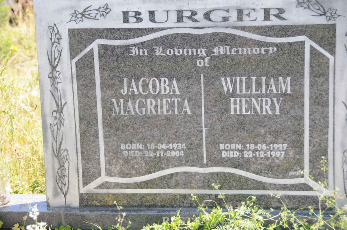 BURGER William Henry 1927-1997 &amp; Jacoba Magrieta 1934-2004