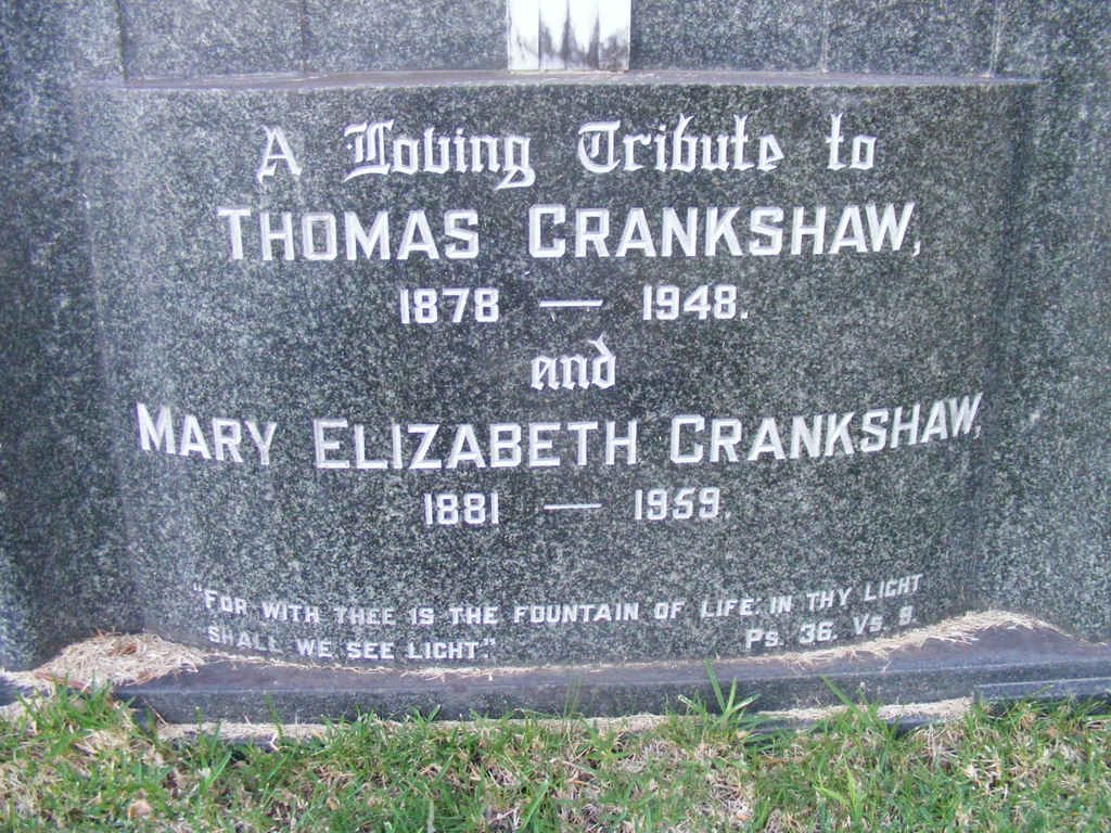 CRANKSHAW Thomas 1878-1948 &amp; Mary Elizabeth 1881-1959
