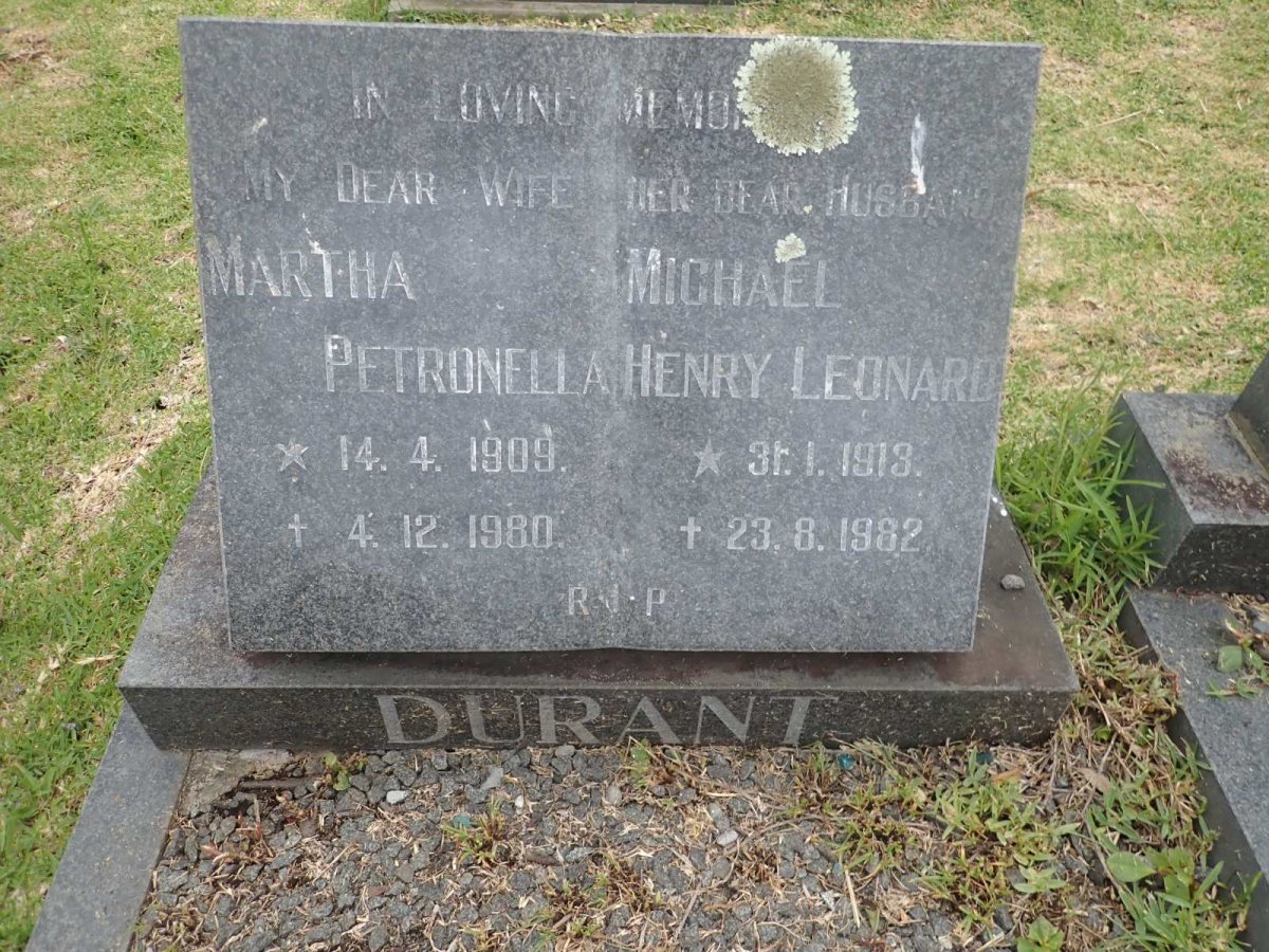 DURANT Michael Henry Leonard 1913-1982 &amp; Martha Petronella 1909-1980