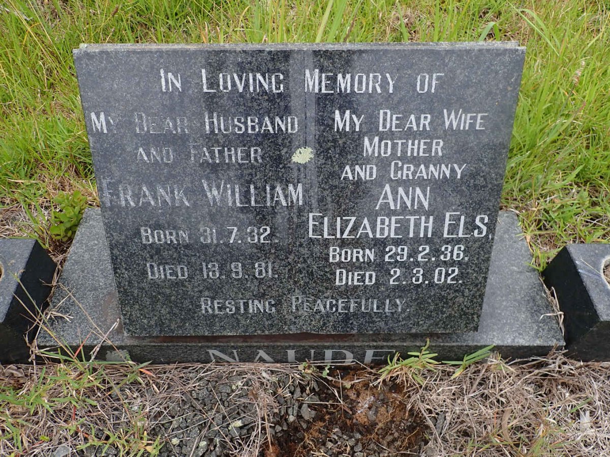 NAUDE Frank William 1932-1981 &amp; Ann Elizabeth ELS 1936-2002