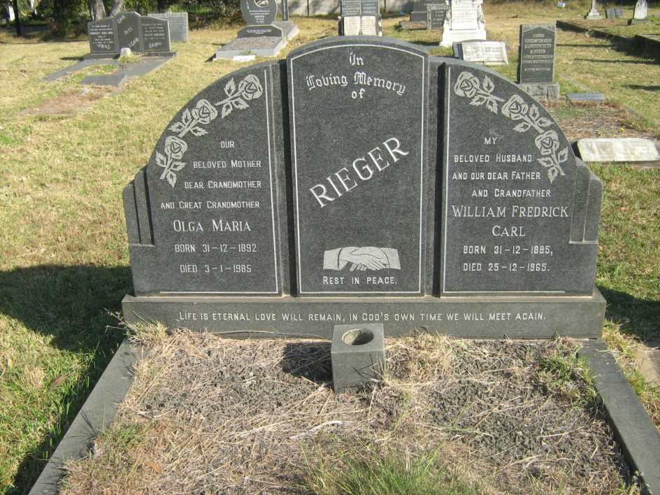 RIEGER William Fredrick Carl 1885-1965 &amp; Olga Maria 1892-1985