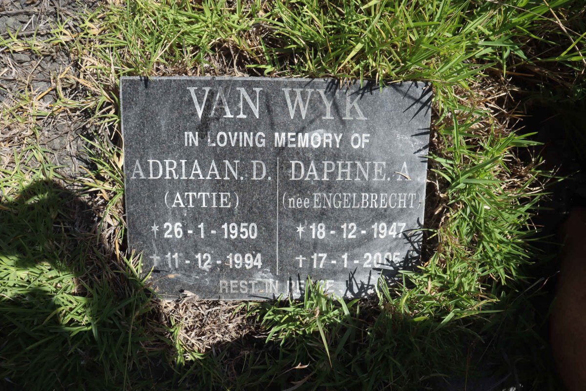 WYK Adriaan D., van 1950-1994 &amp; Daphne A. ENGELBRECHT 1947-2005