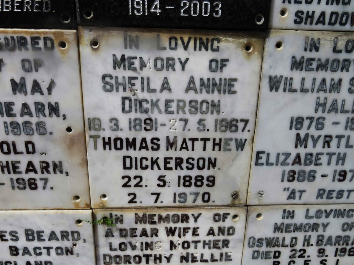 DICKERSON Thomas Matthew 1889-1970 &amp; Sheila Annie 1891-1967