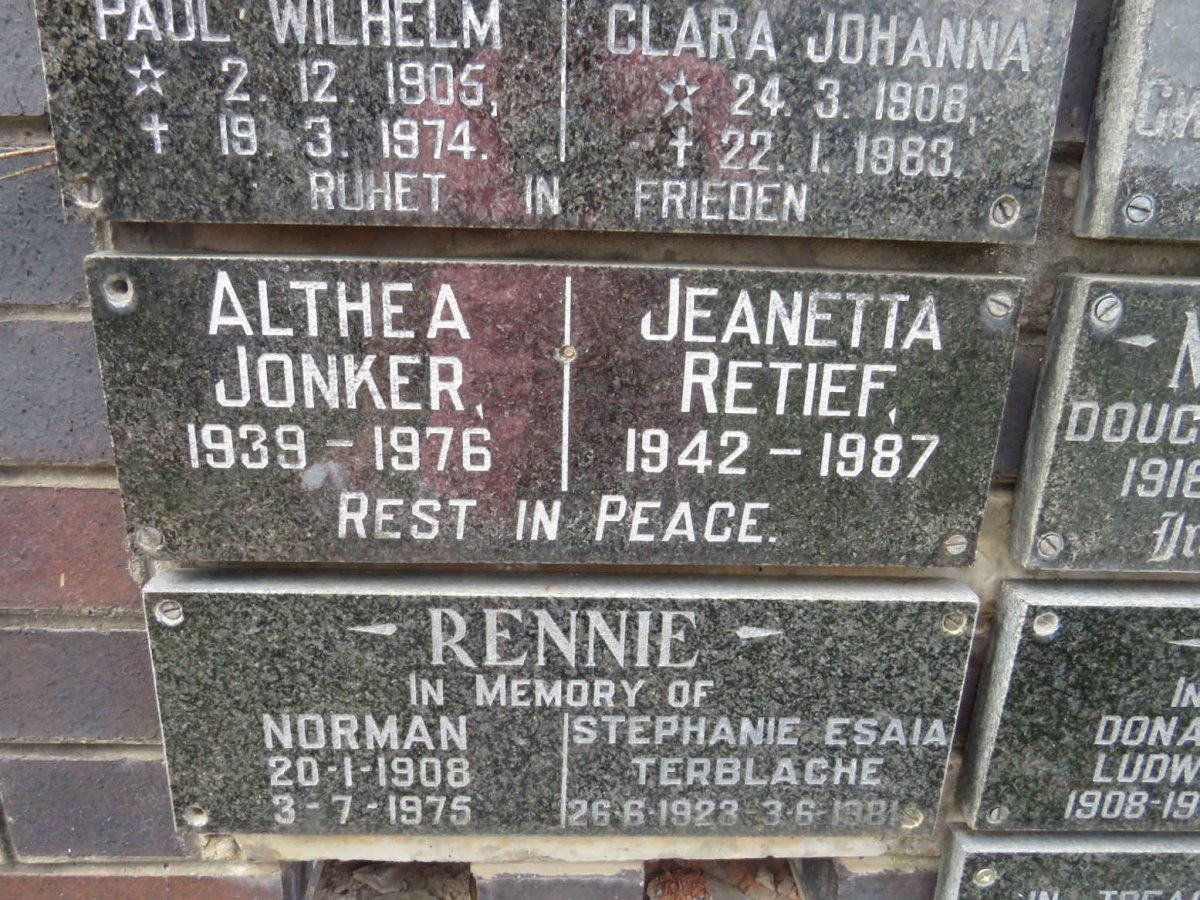 JONKER Althea 1939-1976 :: RETIEF Jeanetta 1942-1987