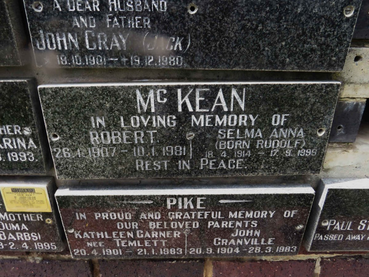 MCKEAN Robert 1907-1981 &amp; Selma Anna RUDOLF 1914-1999