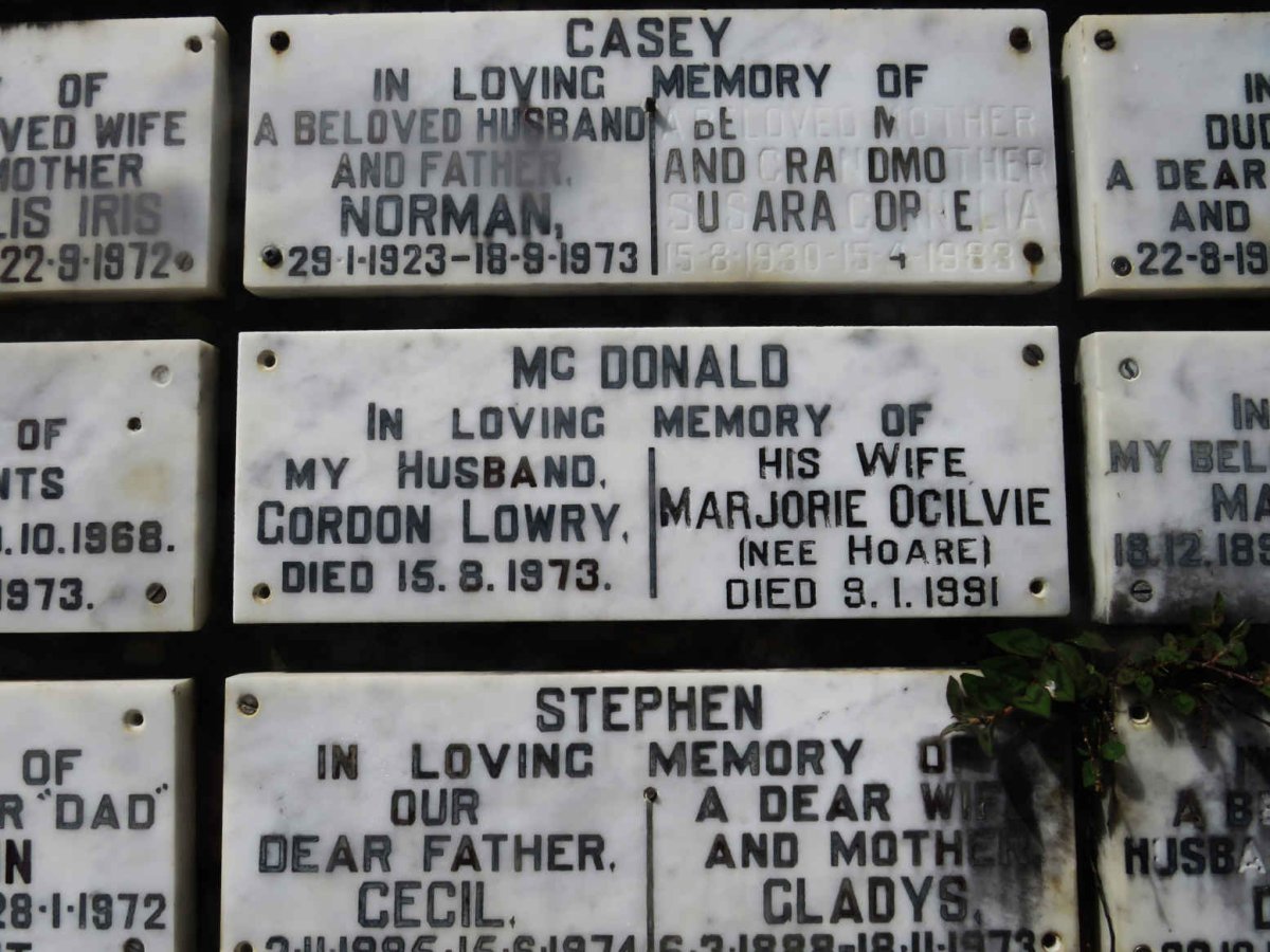 MCDONALD Gordon Lowry -1973 &amp; Marjorie Ogilvie HOARE -1991