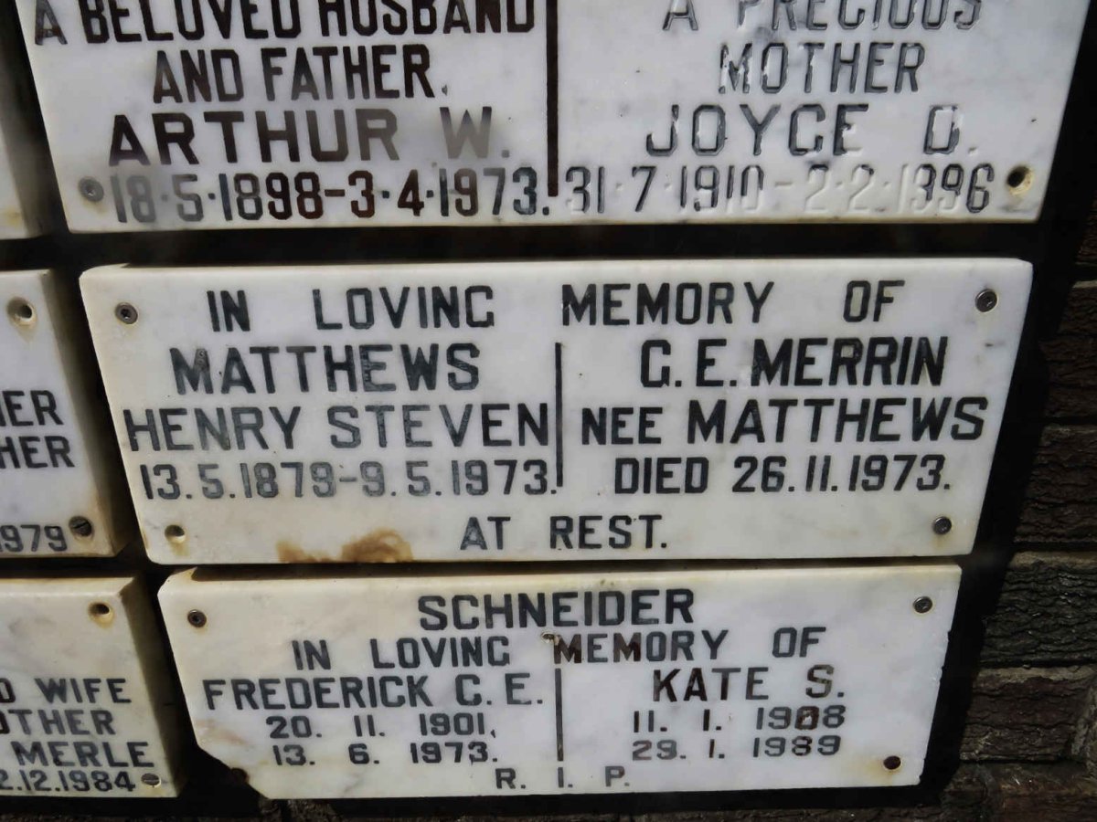 MATTHEWS Henry Steven 1879-1973 :: MERRIN G.E. nee MATTHEWS -1973