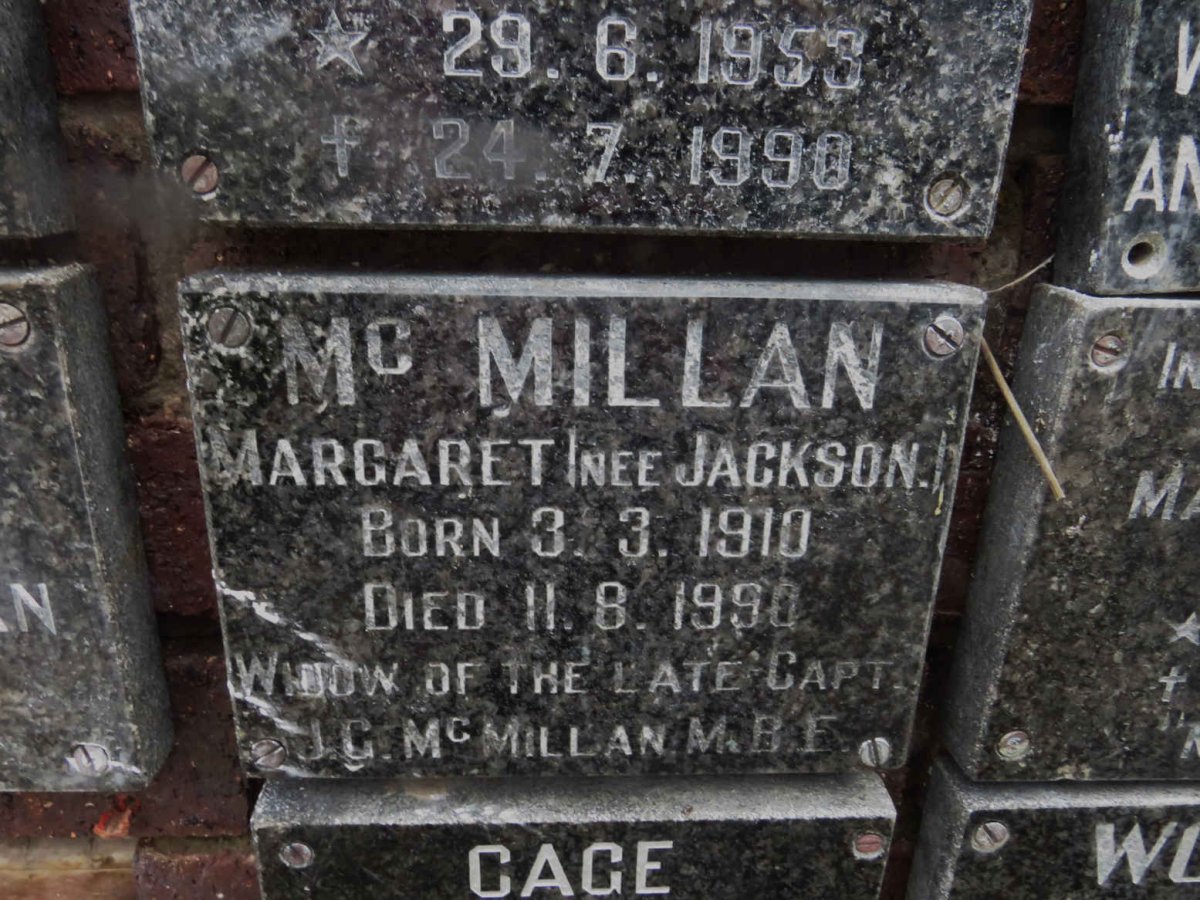 MCMILLAN Margaret nee Jackson 1910-1990
