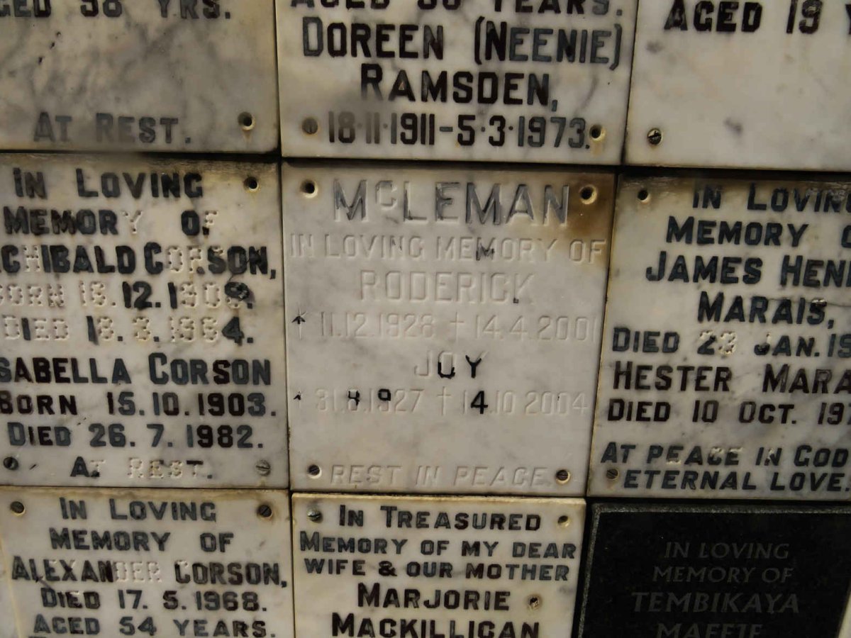 McLEMAN Roderick 1926-2001 &amp; Joy 1927-2004