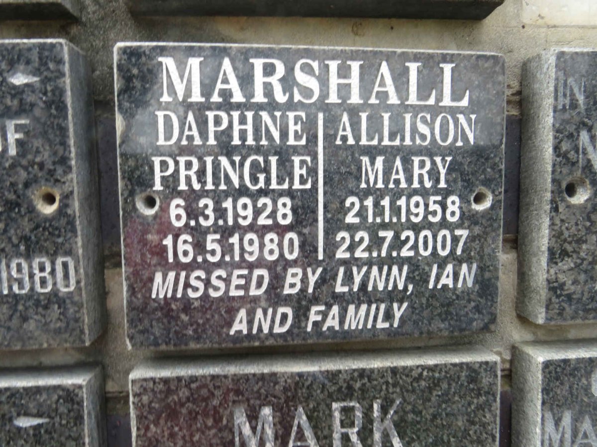 MARSHALL Daphne Pringle 1928-1980 :: MARSHALL Allison Mary 1958-2007