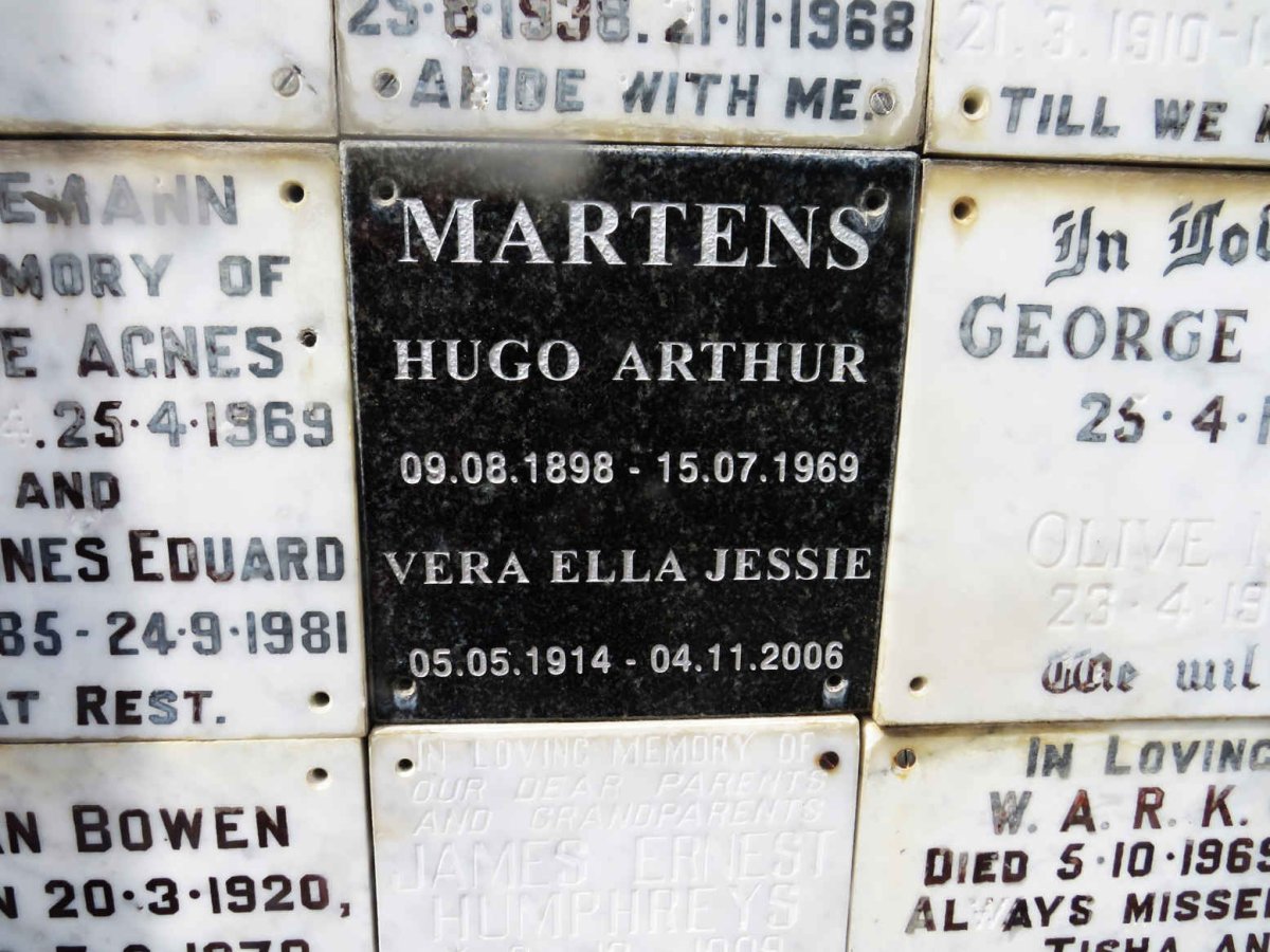 MARTENS Hugo Arthur 1898-1969 &amp; Vera Ella Jessie 1914-2006