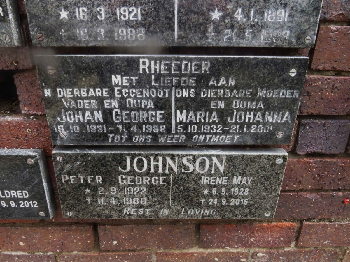 RHEEDER Johan George 1931-1988 &amp; Maria Johanna 1932-2001