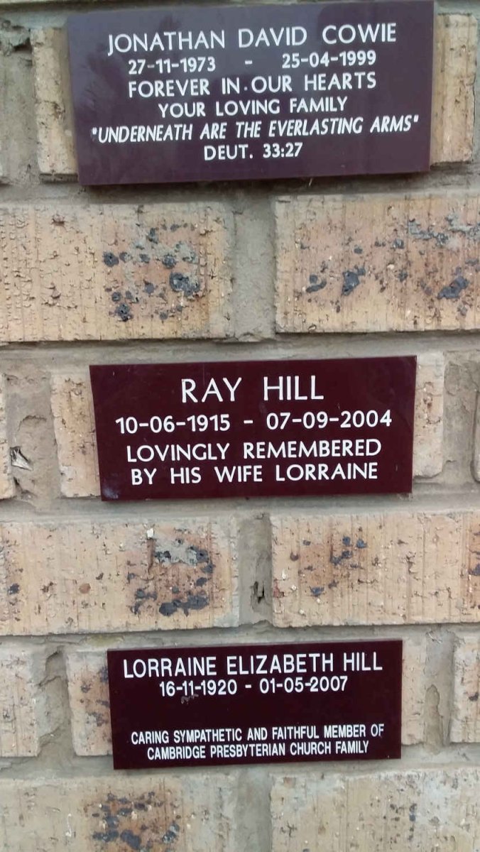 COWIE Jonathan David 1973-1999 :: HILL Ray 1915-2004 &amp; Lorraine Elizabeth 1920-2007