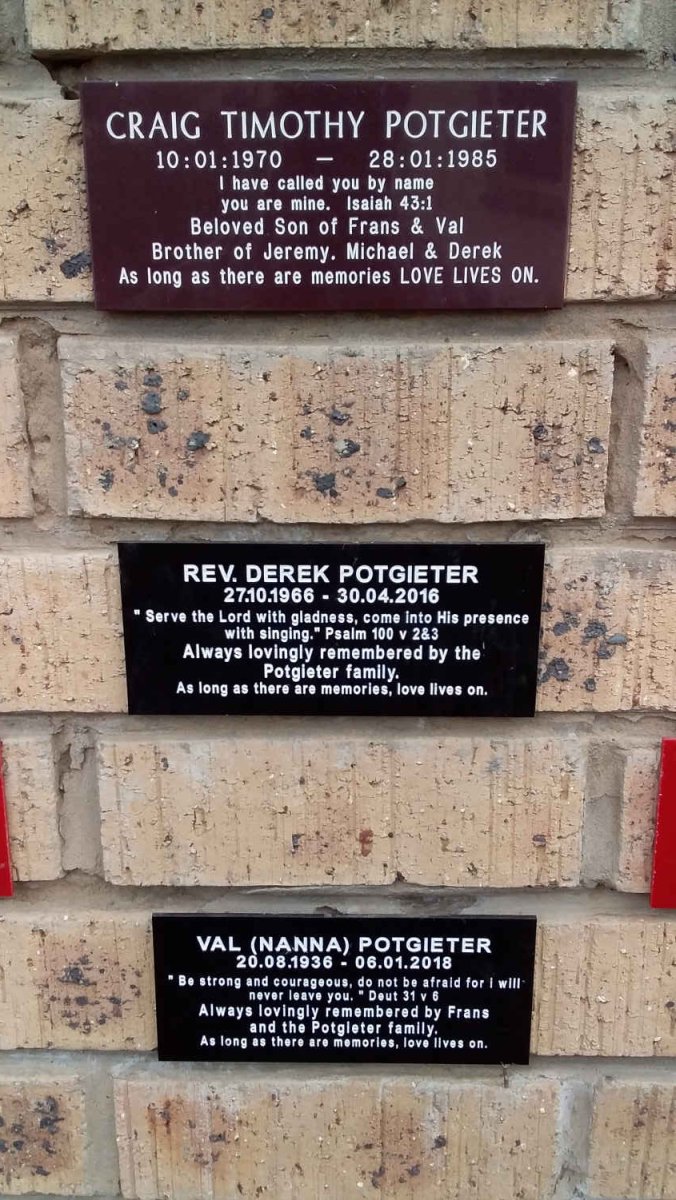 POTGIETER Craig Timothy 1970-1985 :: POTGIETER Derek 1966-2016 :: POTGIETER Val 1936-2018