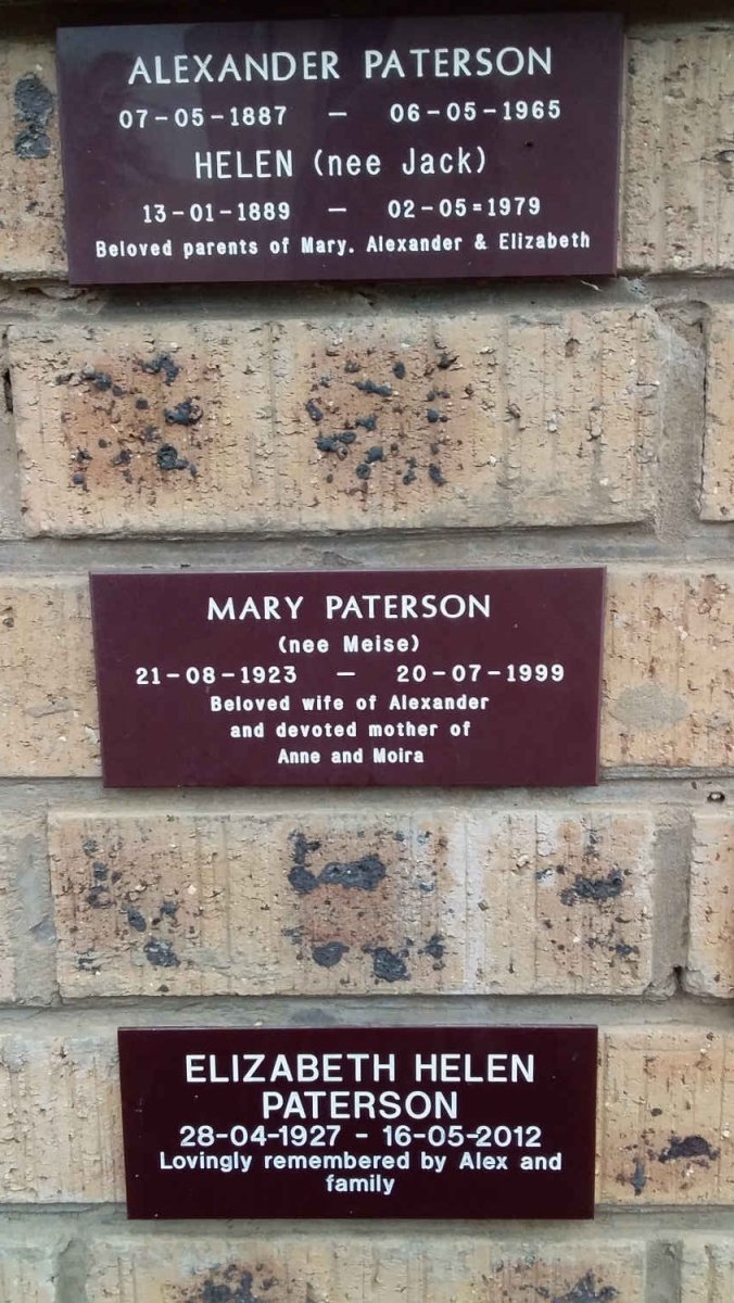 PATERSON Alexander 1887-1965 &amp; Helen JACK 1889-1979 :: PATERSON Mary nee MELSE 1923-1999