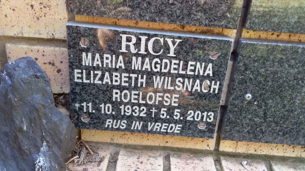 RICY Maria Magdelena Elizabeth Wilsnach Roelofse 1932-2013