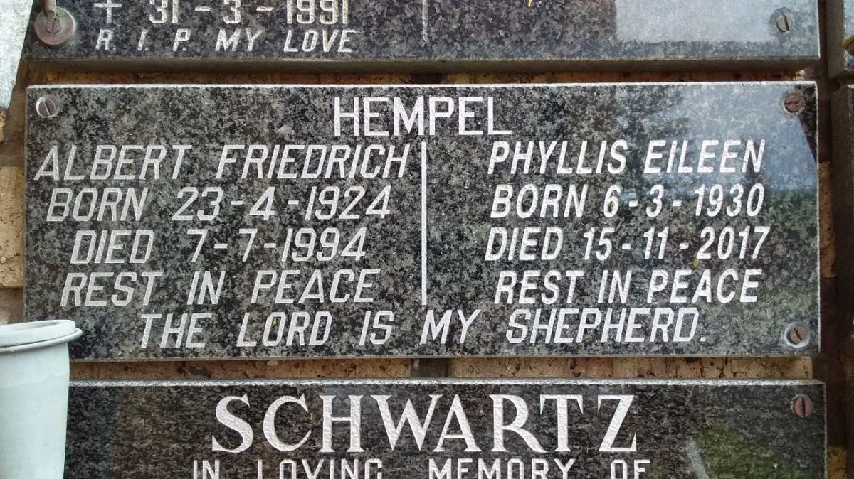 HEMPEL Albert Friedrich 1924-1994 &amp; Phyllis Eileen 1930-2017