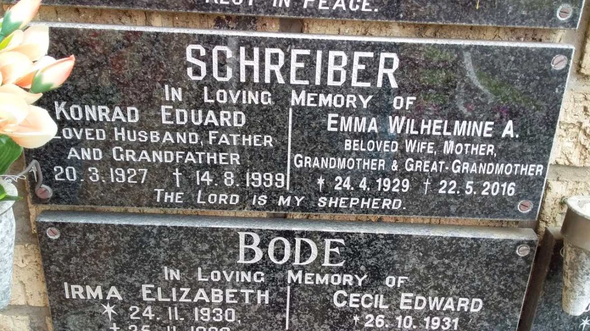 SCHREIBER Konrad Eduard 1927-1999 &amp; Emma Wilhelmine A. 1929-2016