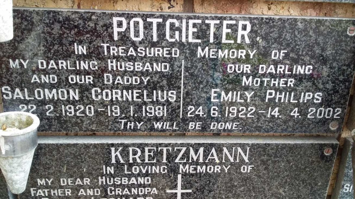 POTGIETER Salomon Cornelius 1920-1981 &amp; Emily Philips 1922-2002