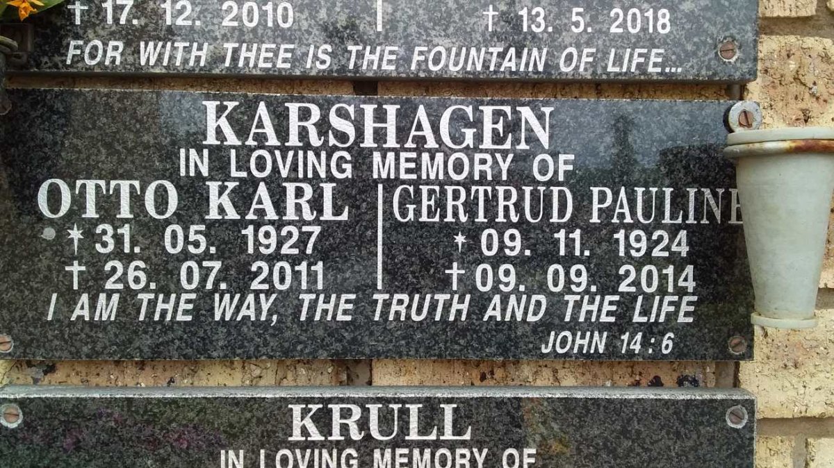KARSHAGEN Otto Karl 1927-2011 &amp; Gertrud Pauline 1924-2014