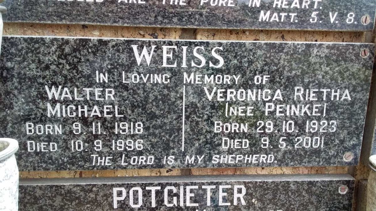 WEISS Walter Michael 1918-1996 &amp; Veronica Rietha PEINKE 1923-2001