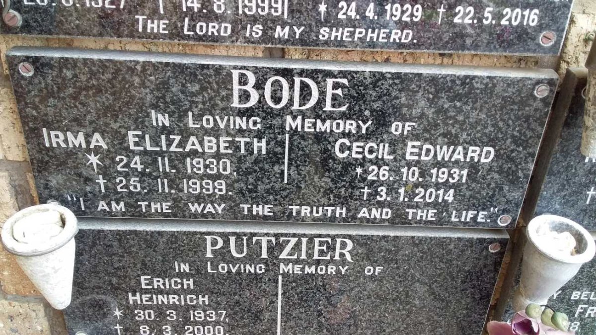 BODE Cecil Edward 1931-2014 &amp; Irma Elizabeth 1930-1999