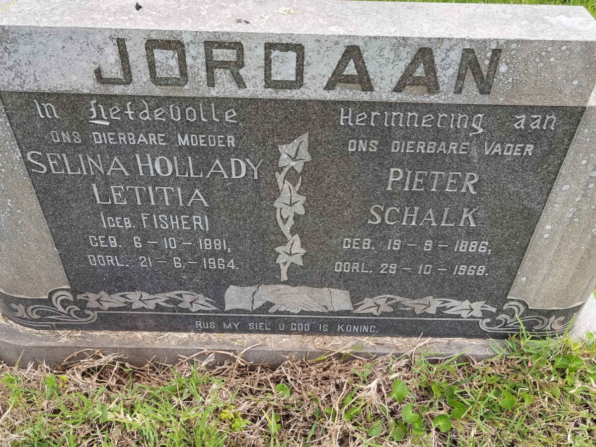 JORDAAN Pieter Schalk 1886-1968 &amp; Selina Hollady Letitia FISHER 1881-1964