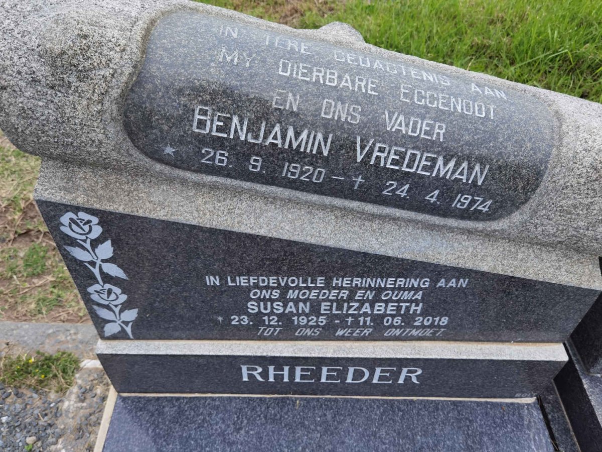 RHEEDER Benjamin Vredeman 1920-1974 &amp; Susanna Elizabeth 1925-2018