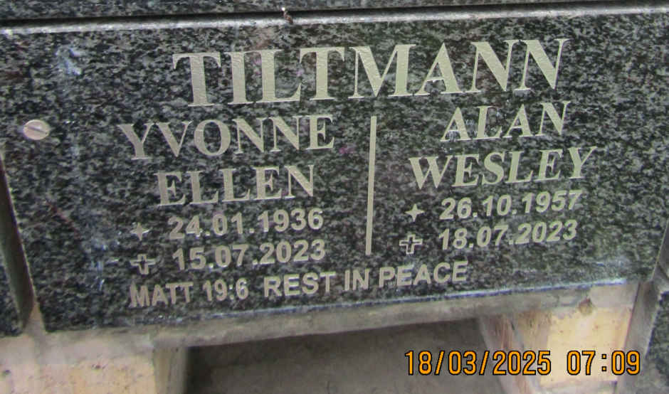 TILTMANN Alan Wesley 1957-2023 & Yvonne Ellen 1936-2023