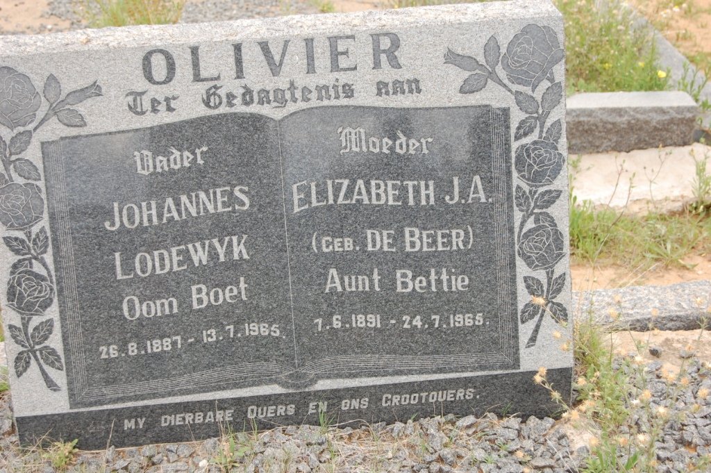 OLIVIER Johannes Lodewyk 1887-1965 &amp; Elizabeth J.A. DE BEER 1891-1965