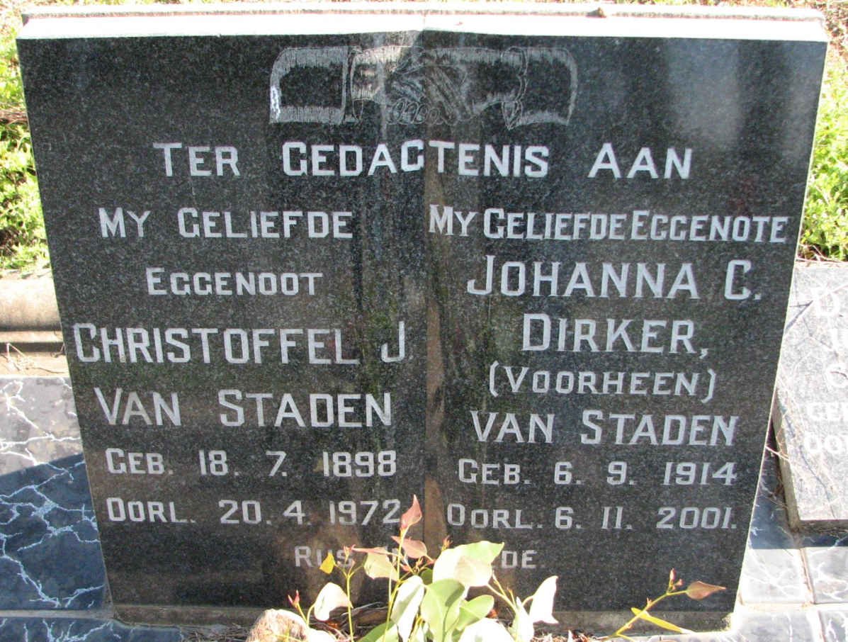 STADEN Christoffel J., van 1898-1972 &amp; Johanna C. DIRKER 1914-2001