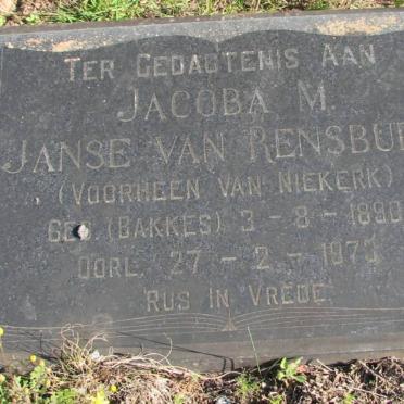 RENSBURG Jacoba M., Janse van formerly VAN NIEKERK nee BAKKES 1890-1973