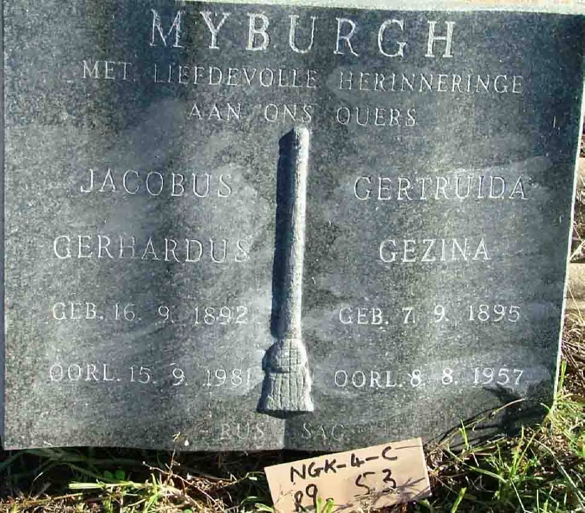 MYBURGH Jacobus Gerhardus 1892-1981 &amp; Gertruida Gezina 1895-1957