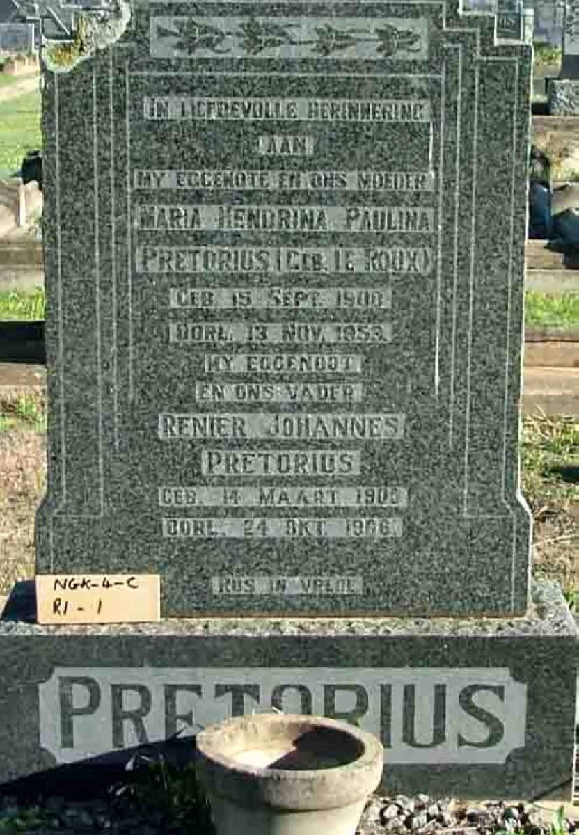 PRETORIUS Renier Johannes 1906-1966 &amp; Maria Hendrina Paulina nee LE ROUX 1908-1953