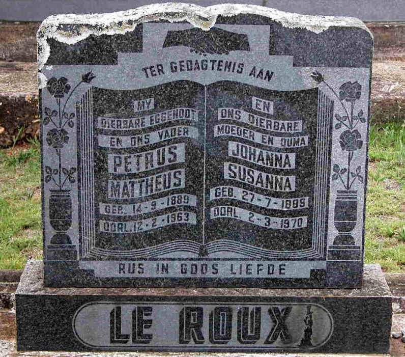 ROUX Petrus Mattheus, le 1889-1963 &amp; Johanna Susanna 1889-1970